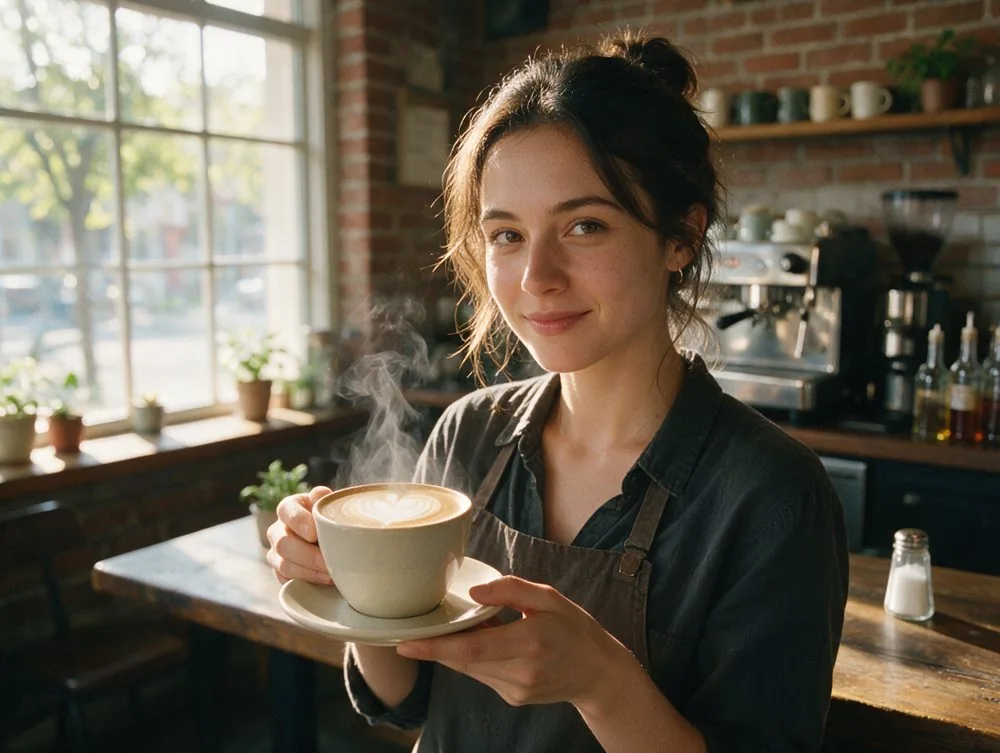 Barista holding a latte with steam rising, by Seedream 5.0 Pro