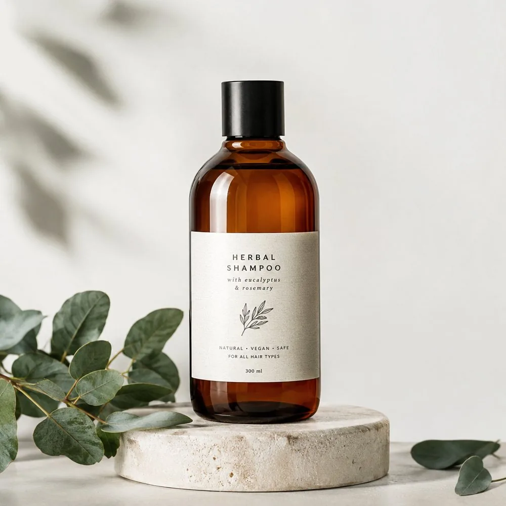 Amber shampoo bottle with a printed label, by GPT Image 2.5