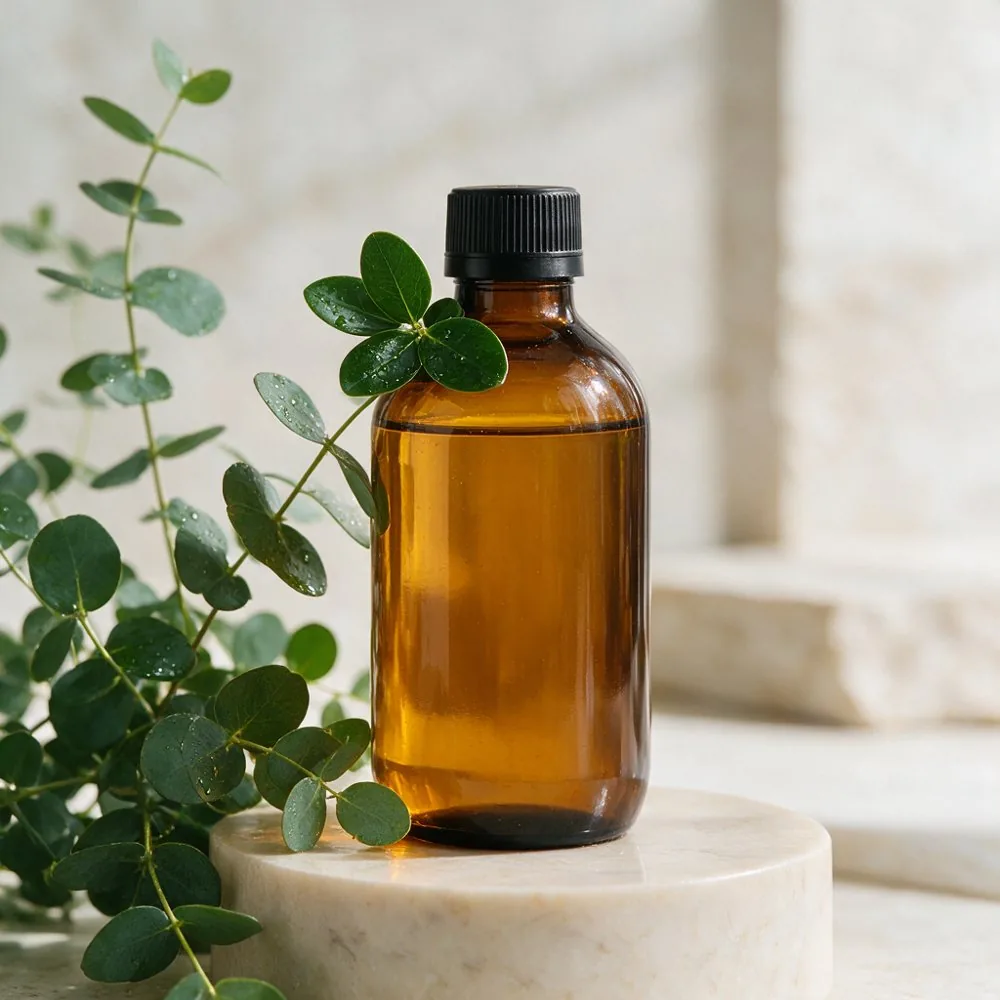 Unlabelled amber bottle on a stone pedestal, by Seedream 5.0 Pro