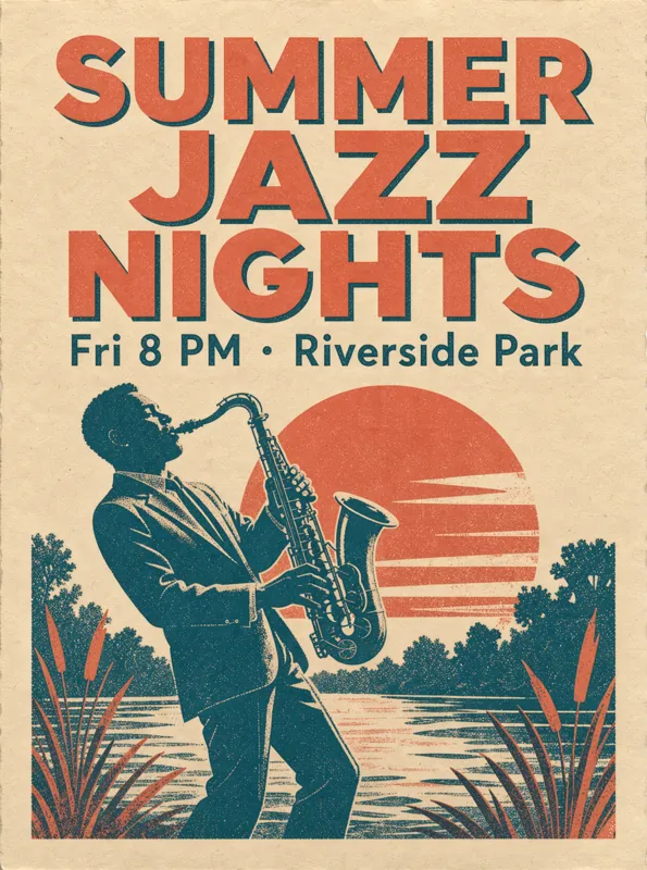 SUMMER JAZZ NIGHTS poster generated by FLUX 3 Image