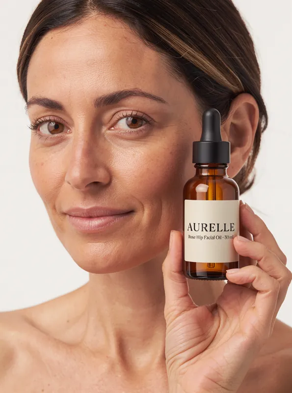 Facial oil bottle with a person, generated by FLUX 3 Image