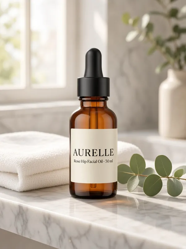 Facial oil bottle scene, generated by Grok Image 2.0